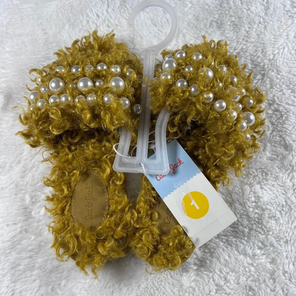 Cat Jack‎ Toddler Girls Bear Slippers Size 1 Gold Faux Fur Pearl Embellished NWT
